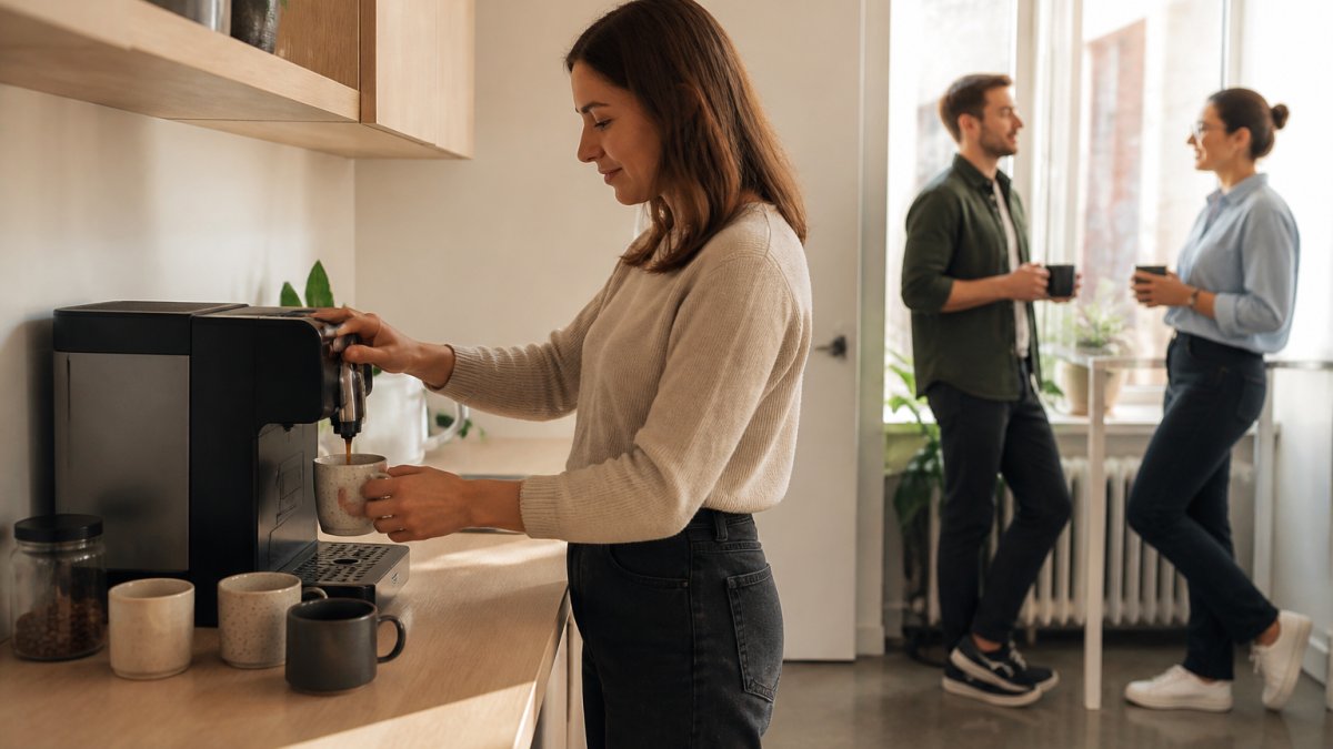 A small office break room with a compact countertop coffee machine, a few ceramic mugs, and an employee pouring a cup of coffee while two coworkers chat in the background under warm morning light