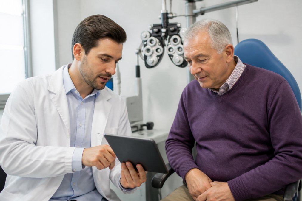 An ophthalmologist in a white coat consulting with an older patient in a modern eye clinic, pointing to a chart on a tablet, with a phoropter visible in the background