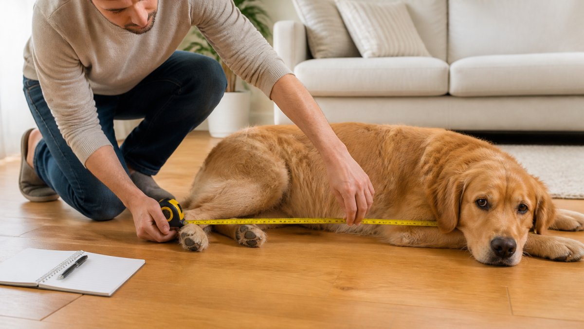 A person kneeling on a living room floor using a tape measure to measure a large dog lying down, with a notebook and pen nearby on a hardwood floor