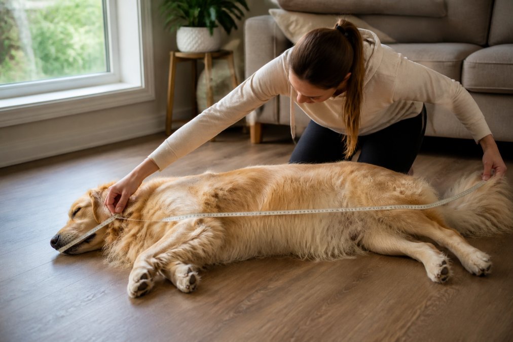 A person kneeling beside a large dog lying on its side on a living room floor, extending a soft tape measure from the dog's nose to the base of its tail while natural window light illuminates the scene