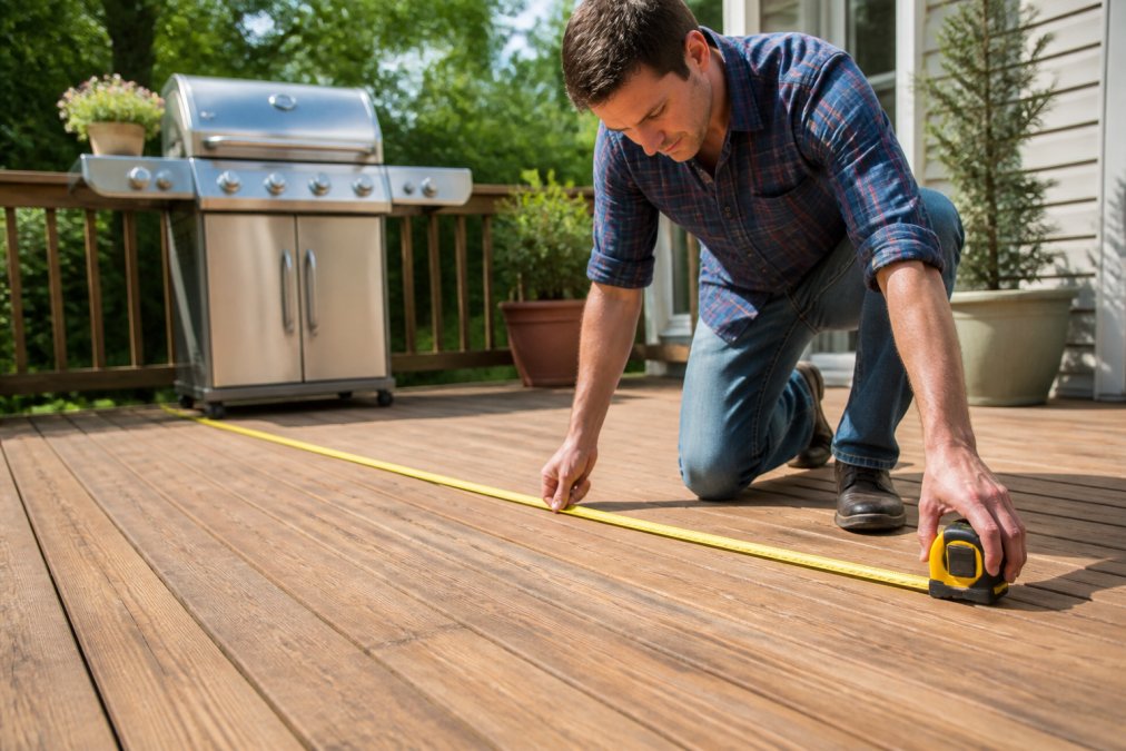 A person kneeling on a wooden deck using a retractable tape measure across the patio surface, with a grill and potted plants visible in the background under bright afternoon light