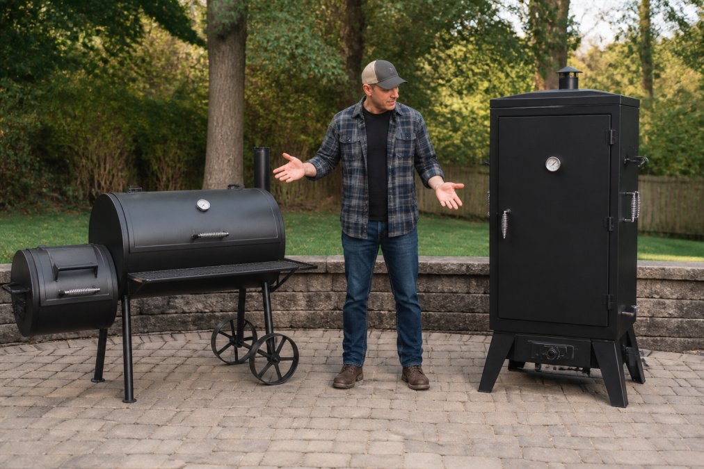 A backyard scene showing two distinct smokers side by side: a horizontal offset smoker with its firebox attached on one end, and a tall vertical cabinet smoker. A person in casual outdoor clothing stands between them, gesturing toward each unit