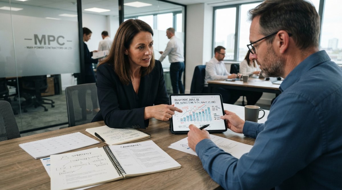 A business manager and HR lead reviewing recruitment metrics and hiring goals on a tablet in a modern office