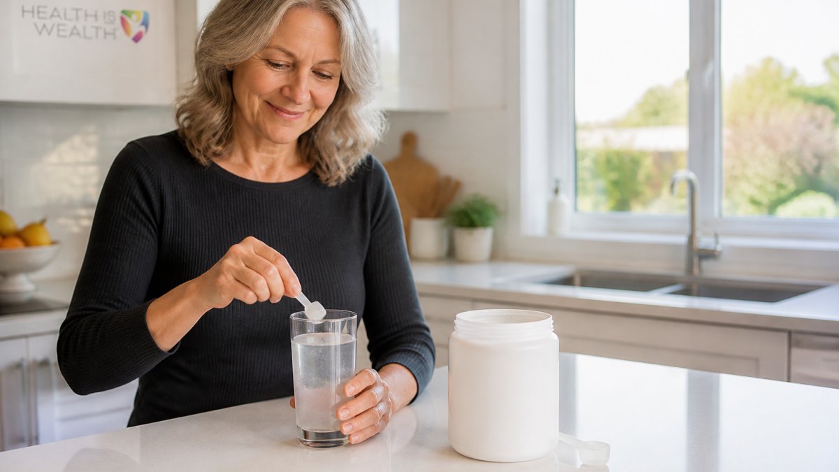 Woman in her fifties stirring a scoop of collagen powder into a glass of water at a bright kitchen counter