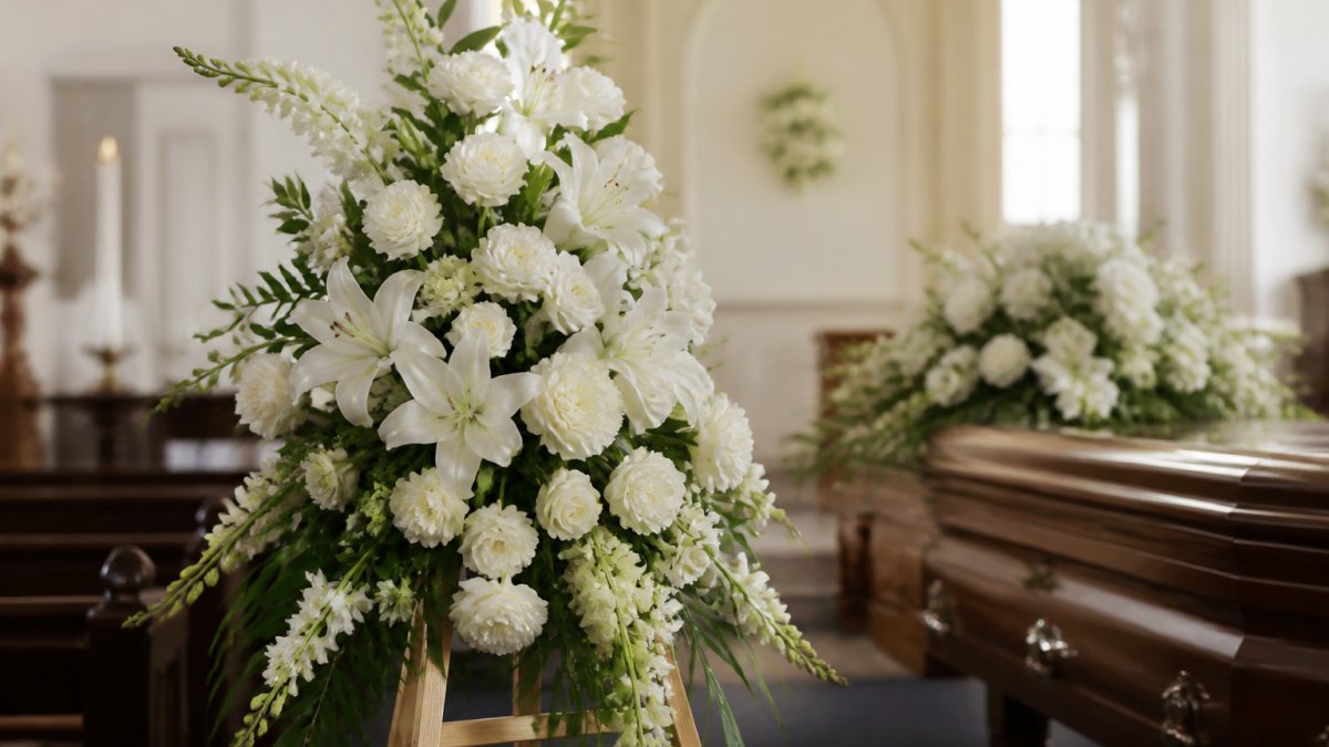 White lily and rose standing spray of funeral flowers on a wooden easel inside a sunlit chapel