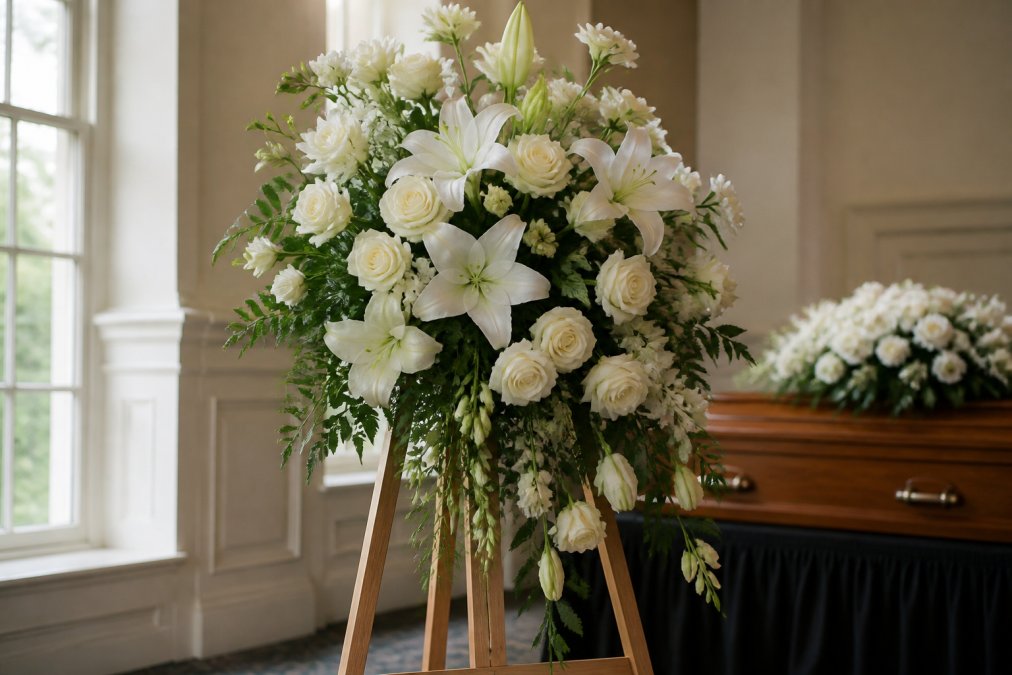 Standing floral spray with white lilies and roses used as sympathy flowers at a memorial service.