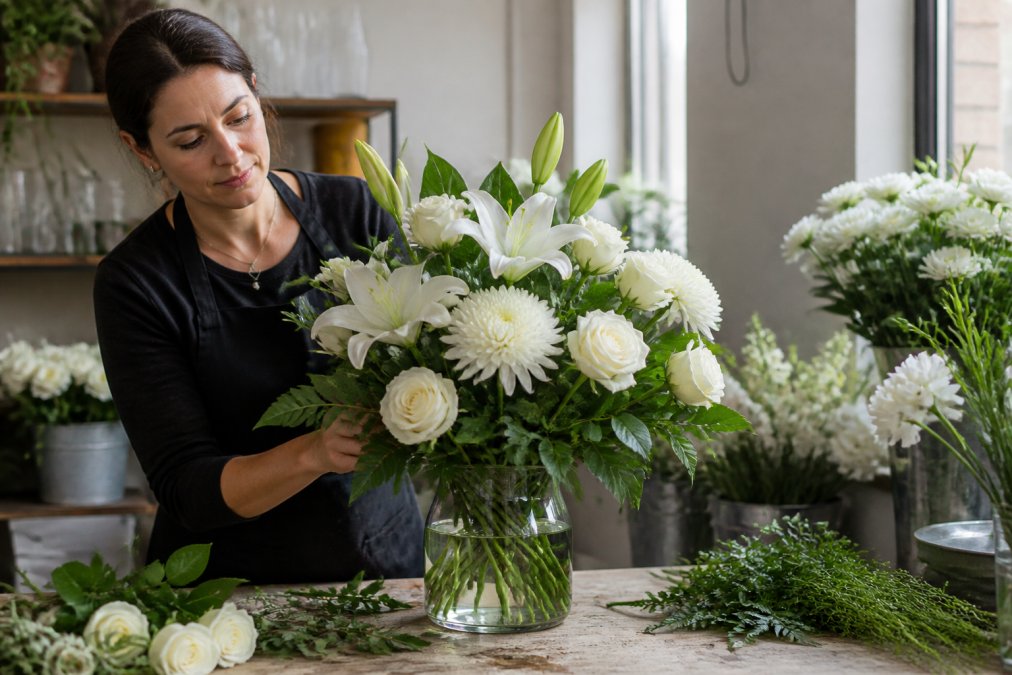 Professional florist arranging white lilies, roses, and chrysanthemums in a clear glass vase with soft natural window lighting, showcasing delicate petals and thoughtful composition