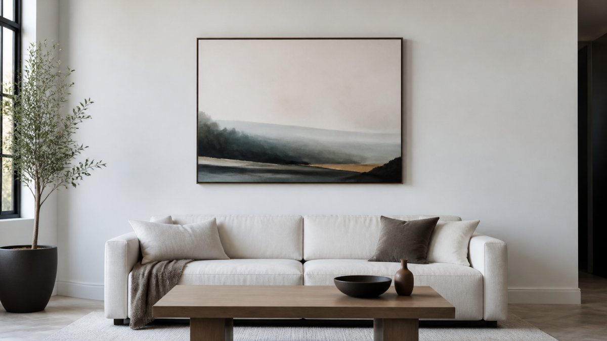Diagram showing eye-level hanging height for a large abstract print centered above a minimalist sofa.