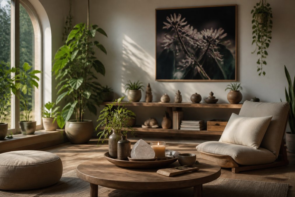 Serene meditation space with nature-inspired botanical photography on the wall, soft natural light streaming through a window, comfortable seating area with plants and neutral decor