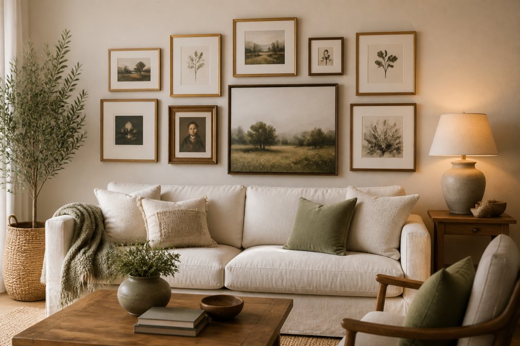 A beautifully styled living room featuring a gallery wall arrangement above a linen sofa, with mixed-frame artwork at eye level, warm ambient lighting, and a neutral color palette featuring cream, warm wood tones, and soft sage accents
