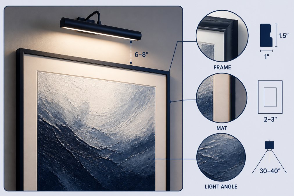 Close-up of a framed canvas print on a warm-toned wall with a picture light mounted above it, showing the cream matting detail and the way the directional light illuminates the artwork's subtle texture and brushwork