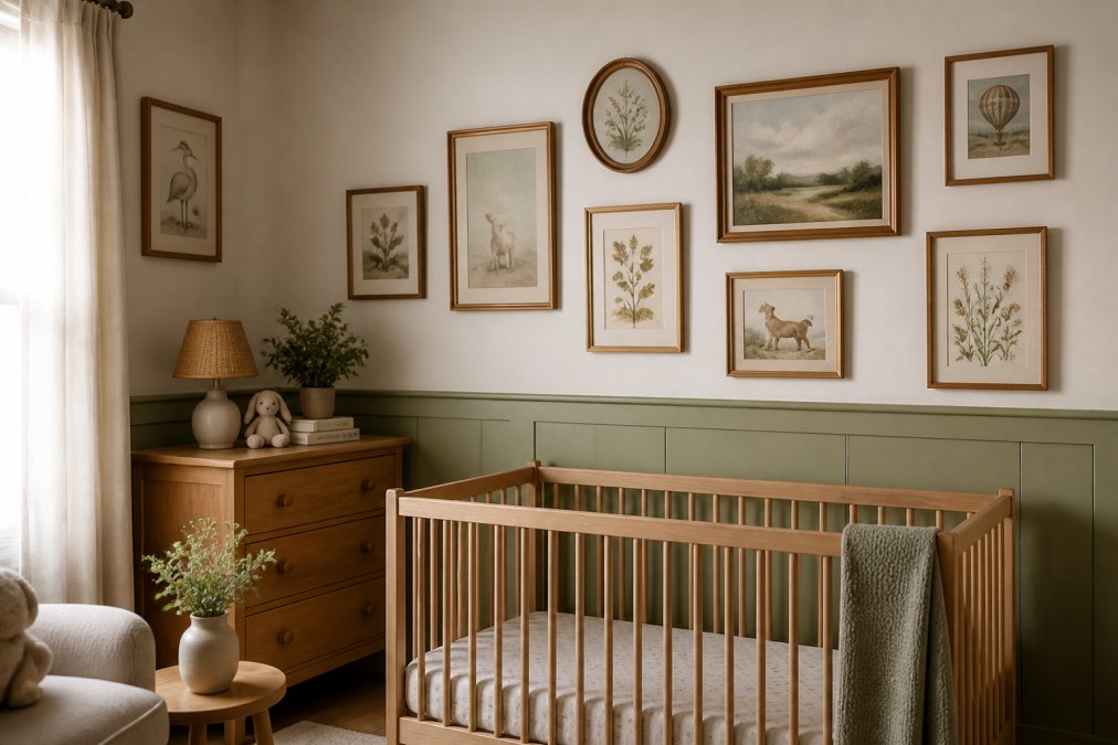 A soft, well-lit nursery with curated wall art displayed at varying heights, showing nature-inspired prints and vintage-style pieces arranged on a sage green and cream-colored wall with natural wood furniture