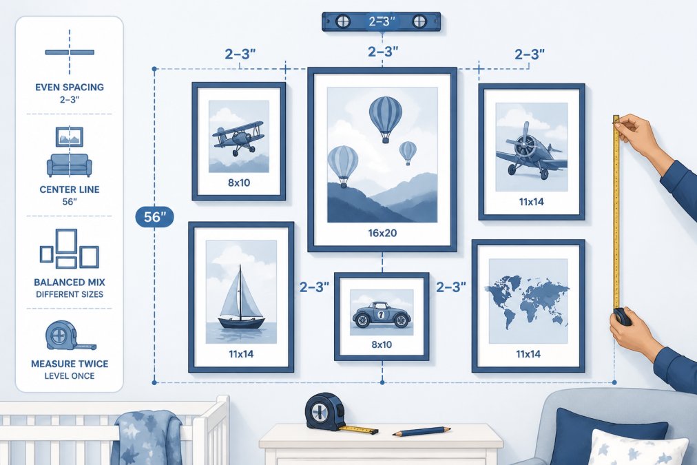 Close-up of a nursery gallery wall in progress, showing different-sized framed prints arranged on a white wall with measuring tape and level visible, demonstrating proper spacing and alignment
