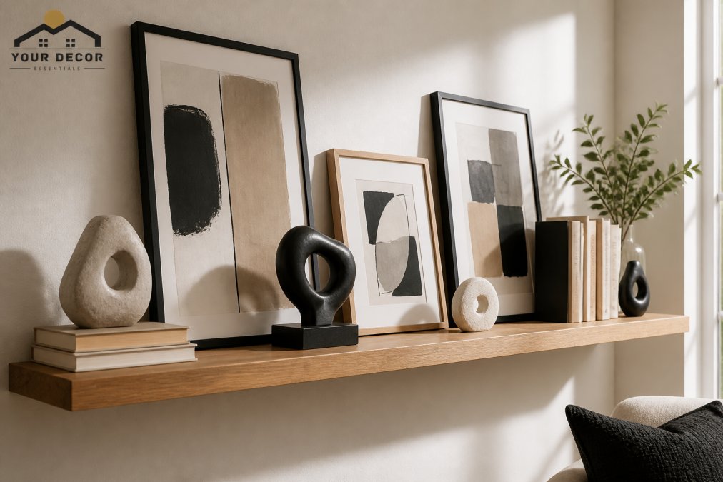 Styled floating shelf displaying a mix of framed abstract art leaning against the wall, small resin sculptures, and books arranged with varying heights and visual depth, natural window lighting illuminating the composition