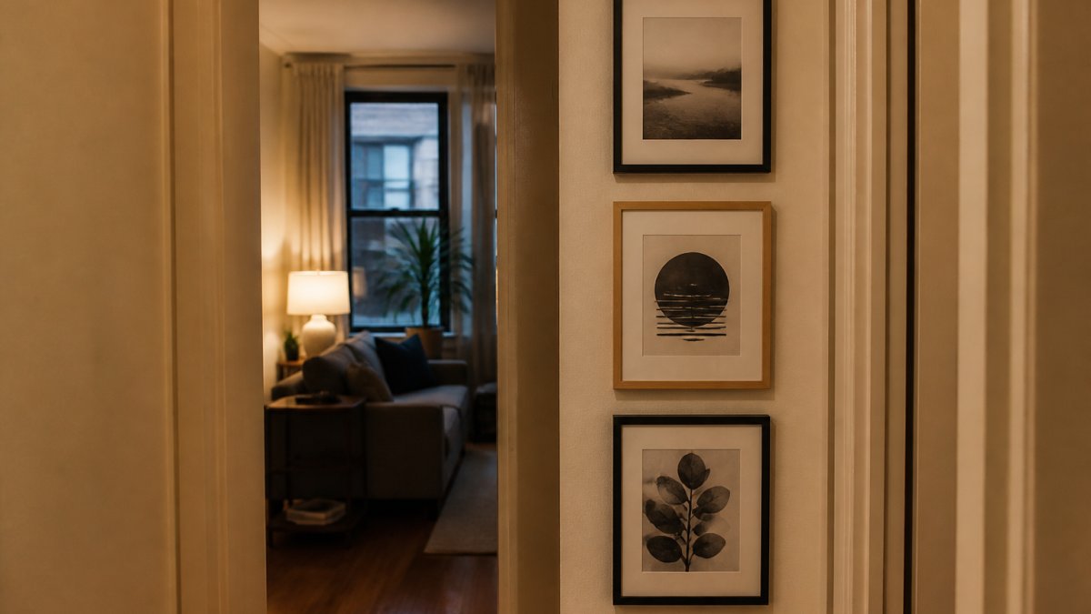 A narrow apartment hallway wall with a vertical column of three framed prints in mixed black and light wood frames, warm evening lamplight, hardwood floor