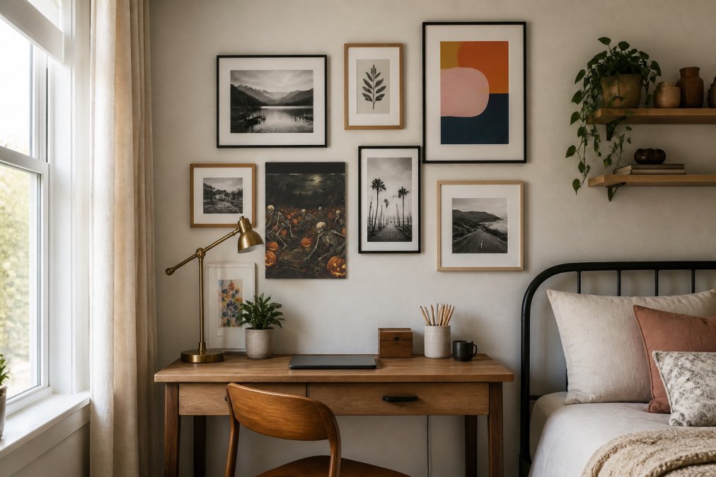Cozy apartment bedroom with a carefully curated gallery wall of mixed-frame sizes arranged symmetrically above a small desk, featuring black and white photography and colorful prints in natural morning light