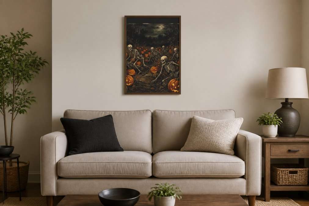 Minimalist living room with a small framed landscape painting hung at eye level above a compact sofa, showing how art anchors and balances furniture placement in natural afternoon light