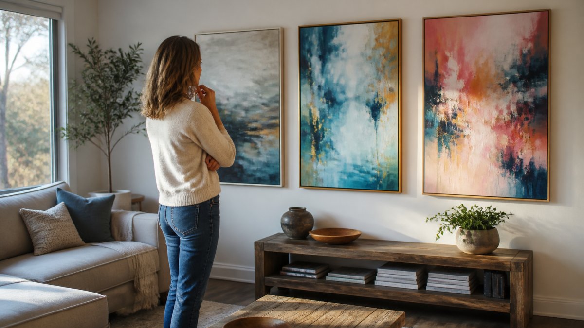 Person standing in front of a living room wall examining abstract artwork pieces, considering how different paintings might complement the existing furniture and room layout with natural afternoon light