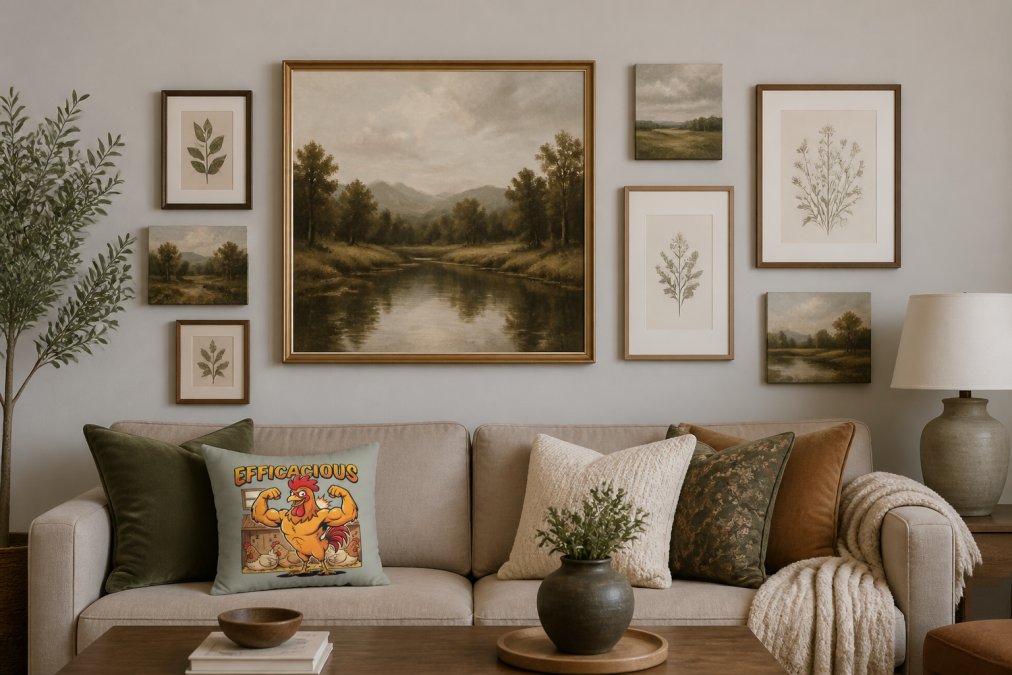 A living room wall featuring a carefully arranged gallery collection with a large landscape painting as the focal point, surrounded by smaller framed prints, matted botanical illustrations, and canvas pieces in varying sizes, hung at consistent eye level with balanced 4-inch spacing between frames