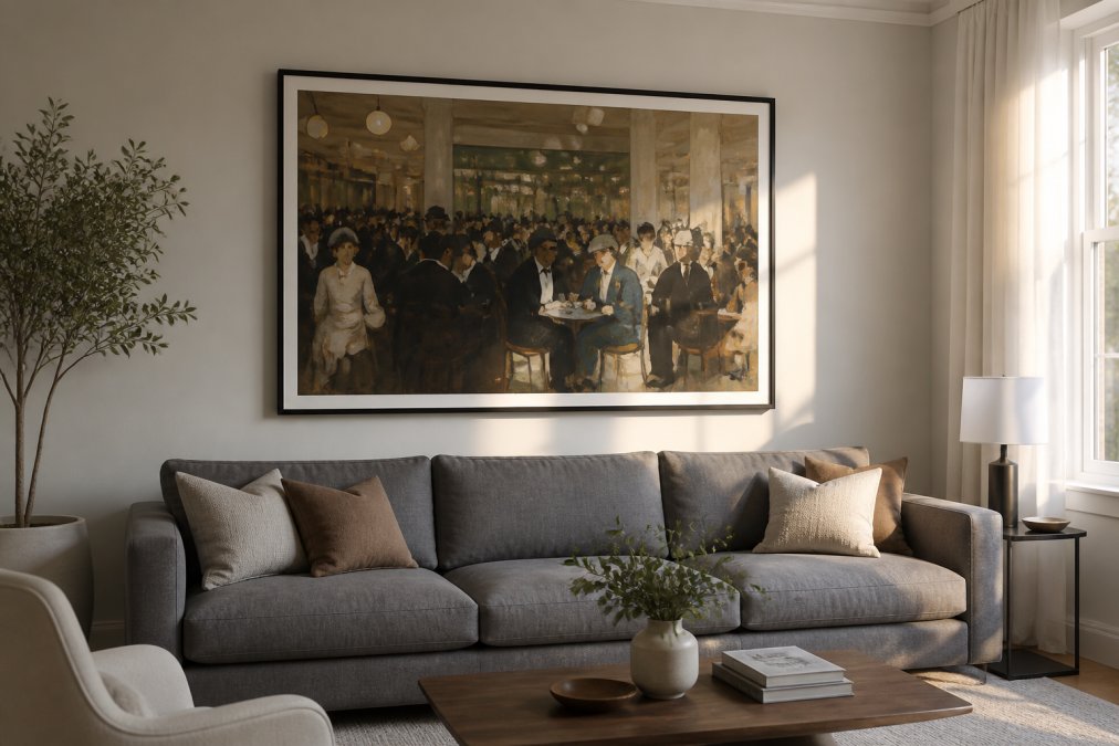 A bright, modern living room with a large framed fine art print centered above a gray linen sofa, warm afternoon light from a side window illuminating the artwork, showing correct scale and proportion between the furniture and wall art