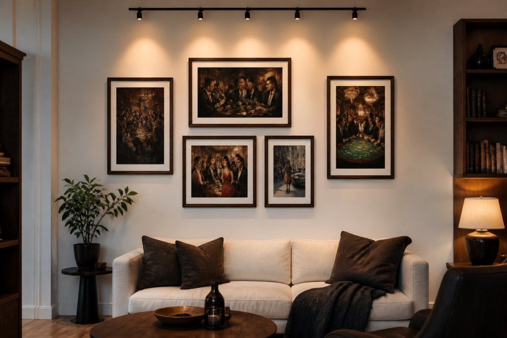 A styled living room wall featuring a curated gallery arrangement of five mixed-size framed fine art prints in coordinating dark wood frames, consistent 2-inch spacing between pieces, warm gallery lighting from above, against a warm white wall