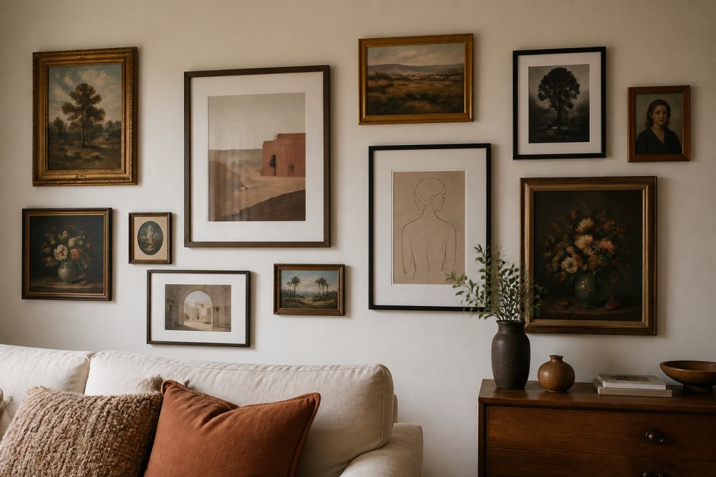 A well-lit living room wall featuring a curated gallery arrangement of framed art prints in mixed sizes and styles, with consistent frame colors, even spacing between each piece, and a cohesive warm color palette, photographed straight-on to show the full arrangement