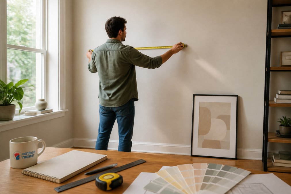 A person holding a measuring tape against a blank living room wall, a framed art piece leaning against the baseboard nearby, soft natural light from a window
