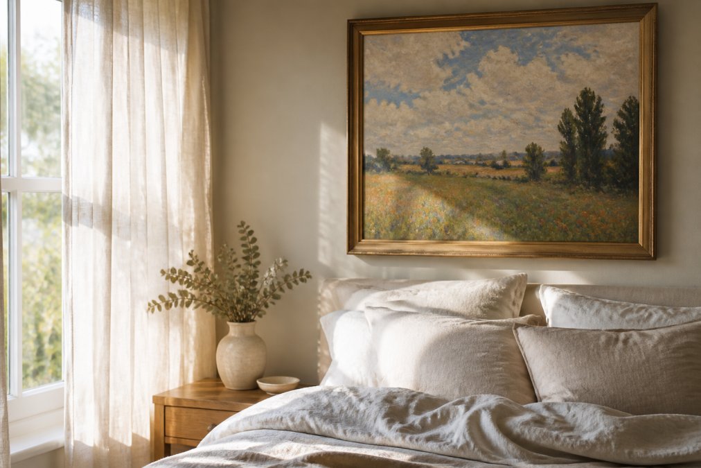 Sunlit bedroom with a large Impressionist landscape from our art history prints collection above a linen bed.
