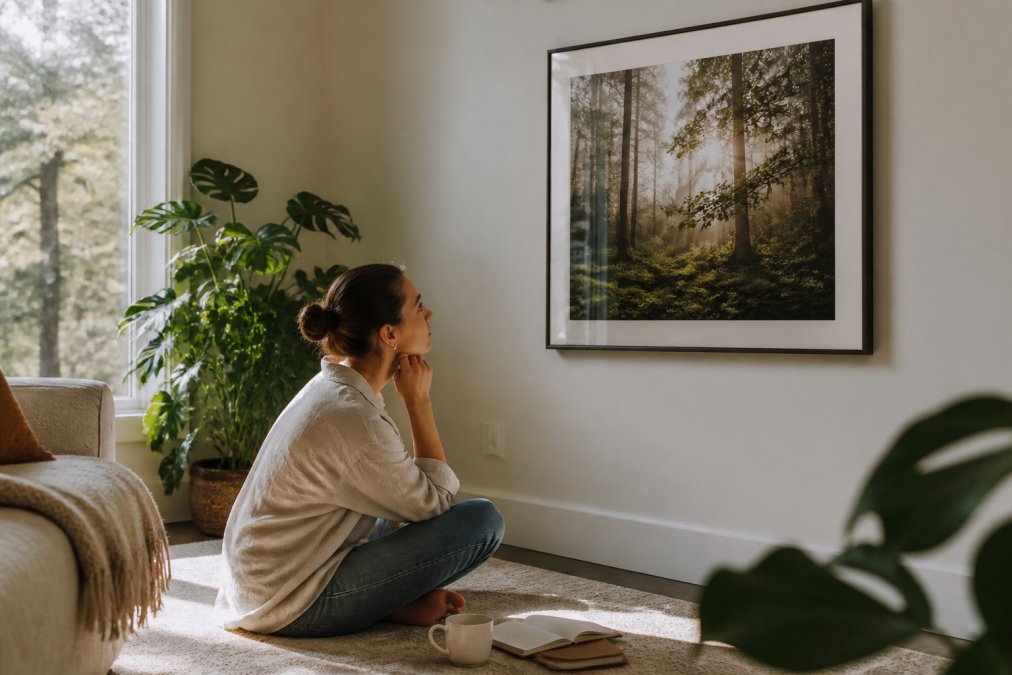 A person sitting on the floor of a sunlit living room, gazing thoughtfully at a large framed nature photograph on a neutral wall, a cup of tea and an open journal beside them