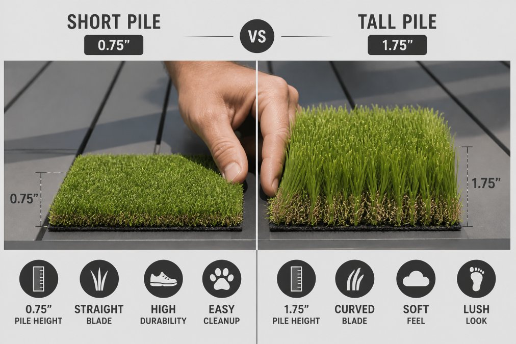 Close-up of a homeowner's hand comparing two artificial grass samples side by side on a patio table, showing different pile heights and blade textures in natural daylight