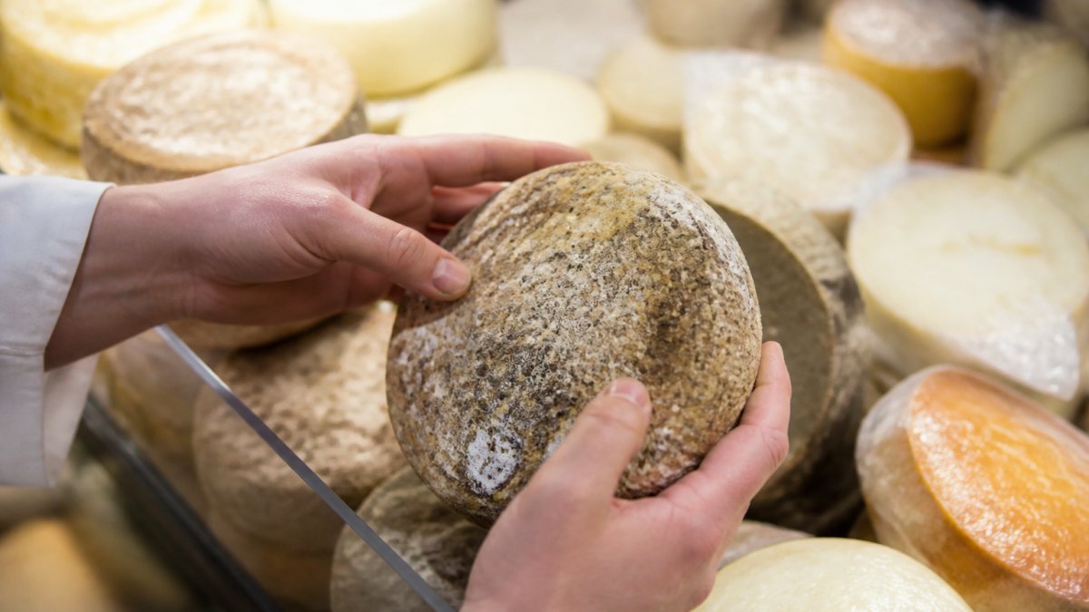 Close-up of hands examining artisanal cheese at a specialty counter, showing rind texture and surface details under bright lighting