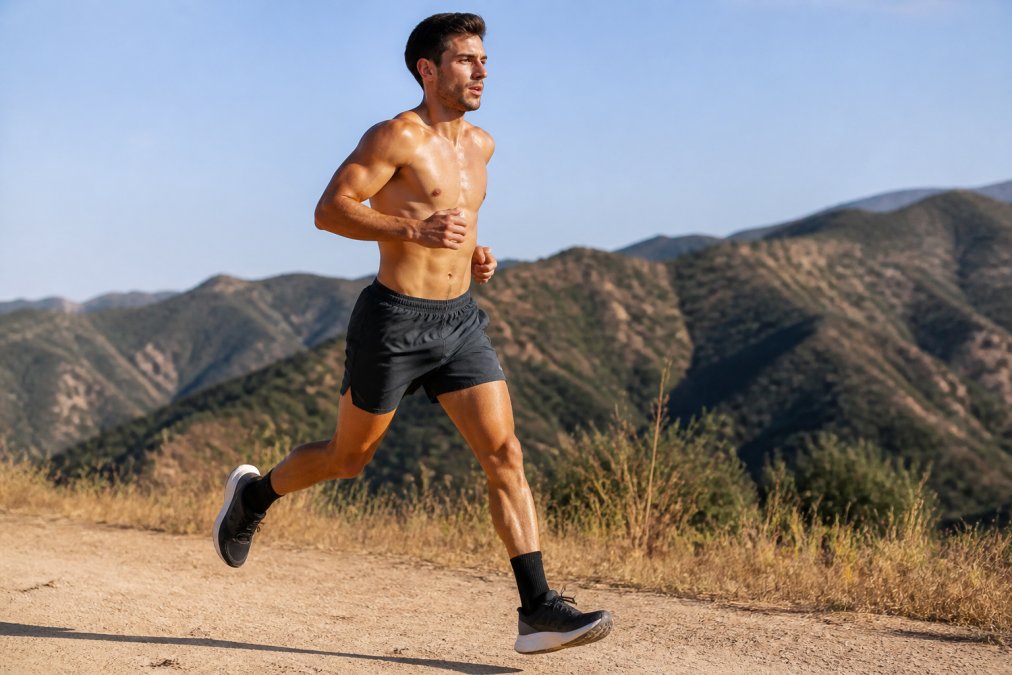 Male runner in moisture-wicking athletic shorts for running mid-stride on a sunny trail.