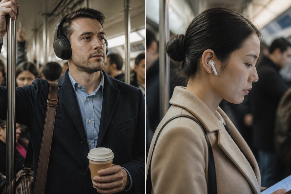 A young professional on a crowded subway train wearing over-ear headphones, holding a coffee in one hand and a commuter bag on the shoulder