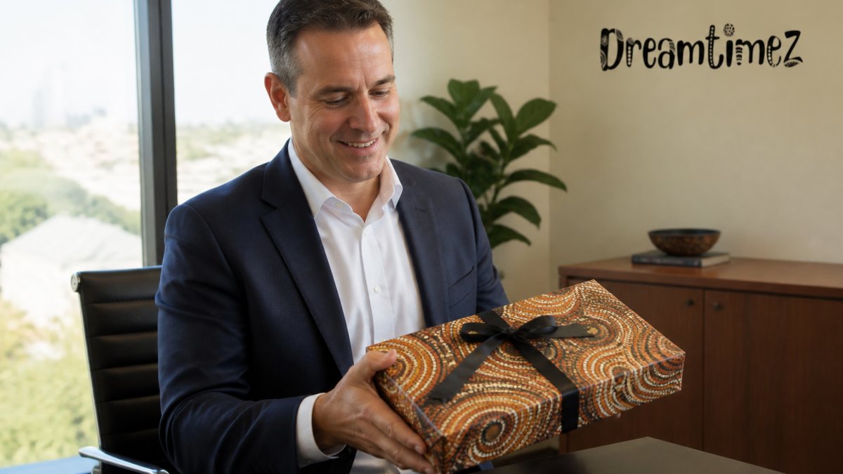 A corporate professional in a bright office holding a beautifully packaged Aboriginal art gift, with artwork featuring earthy colours and traditional design patterns visible on the product