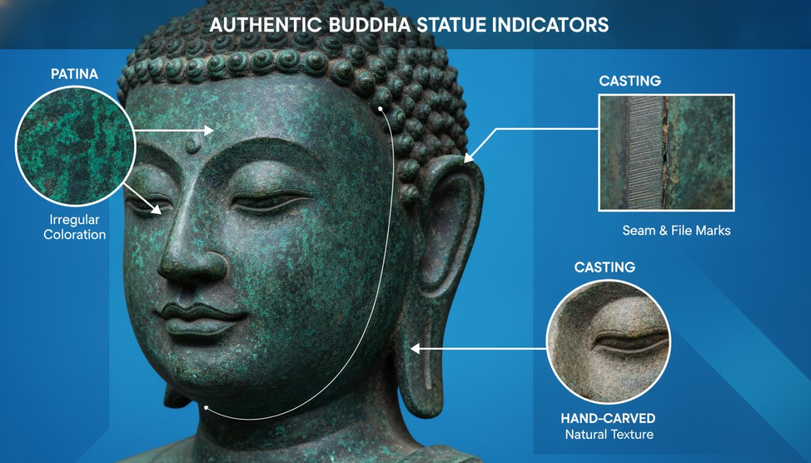 Close-up detail shots of authentic bronze Buddha statue showing deep green patina with irregular coloration, visible casting seams with file marks, and hand-carved facial features with natural surface texture under raking light