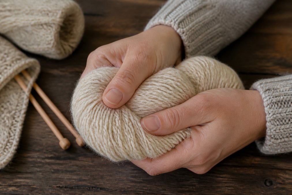 Close-up of hands testing the crimp and soft texture of authentic shetland wool skeins during the selection process.