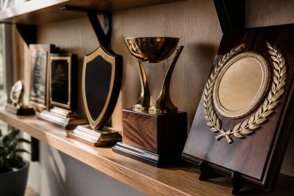 Close-up of high-quality engraved plaques and trophies displayed on a wooden shelf, with natural lighting highlighting the craftsmanship and material details