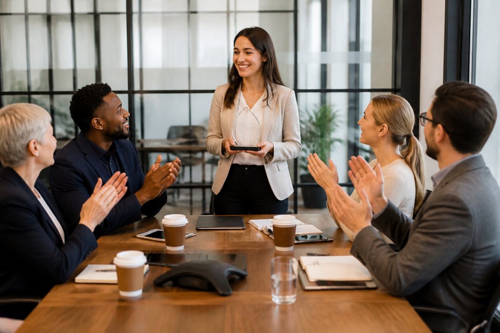 Team members gathered around a conference table during an award presentation ceremony, smiling and applauding as a colleague receives recognition