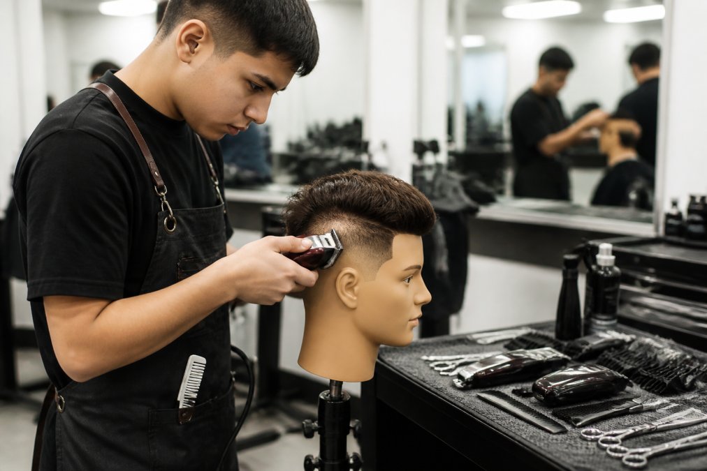 A barber student practicing a fade on a mannequin head in a modern barber school, holding a professional cordless clipper, with other tools visible on a nearby station