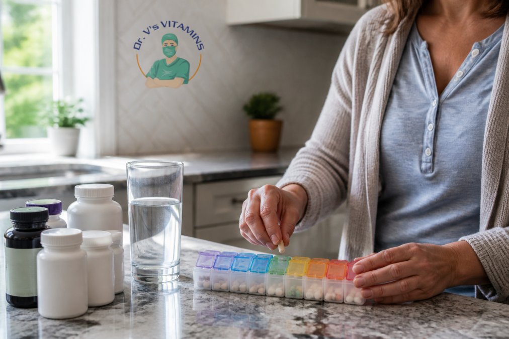 Person organizing daily bariatric vitamins into a weekly pill organizer on a sunny kitchen counter