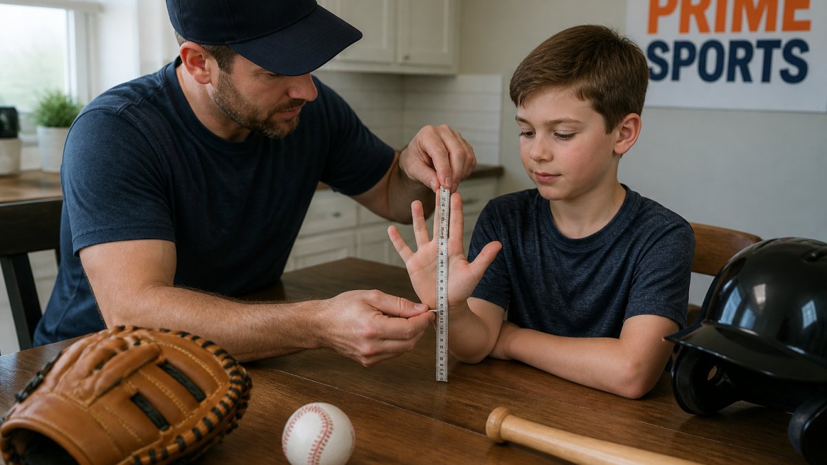 A parent and child sitting at a kitchen table, using a flexible tape measure to measure the child's hand from the base of the palm to the tip of the middle finger