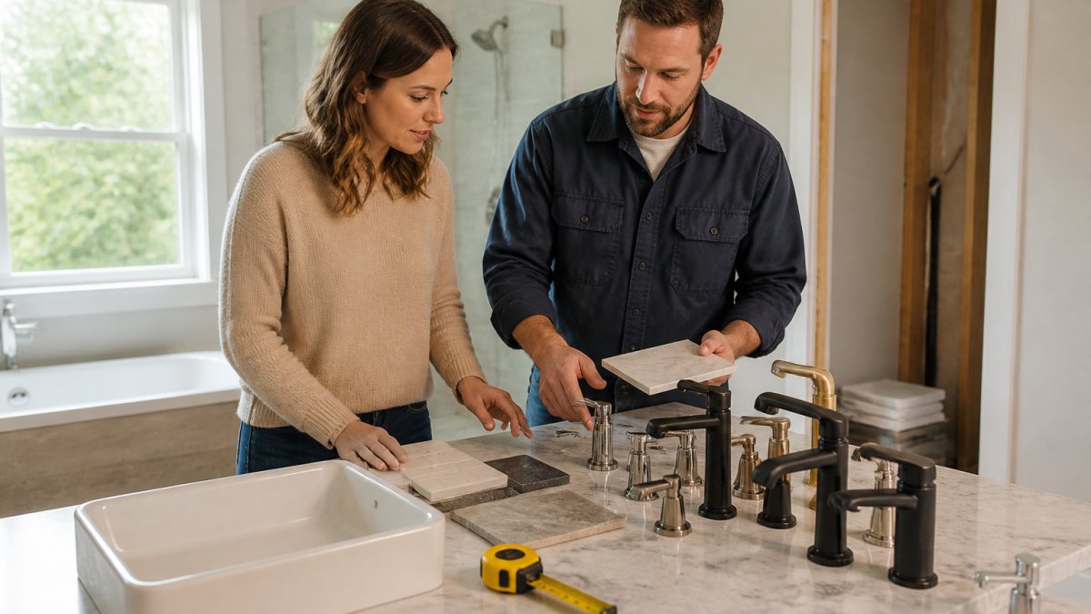 A homeowner and a contractor reviewing bathroom fixture samples and a measuring tape on a bathroom counter during a renovation planning session, natural window light