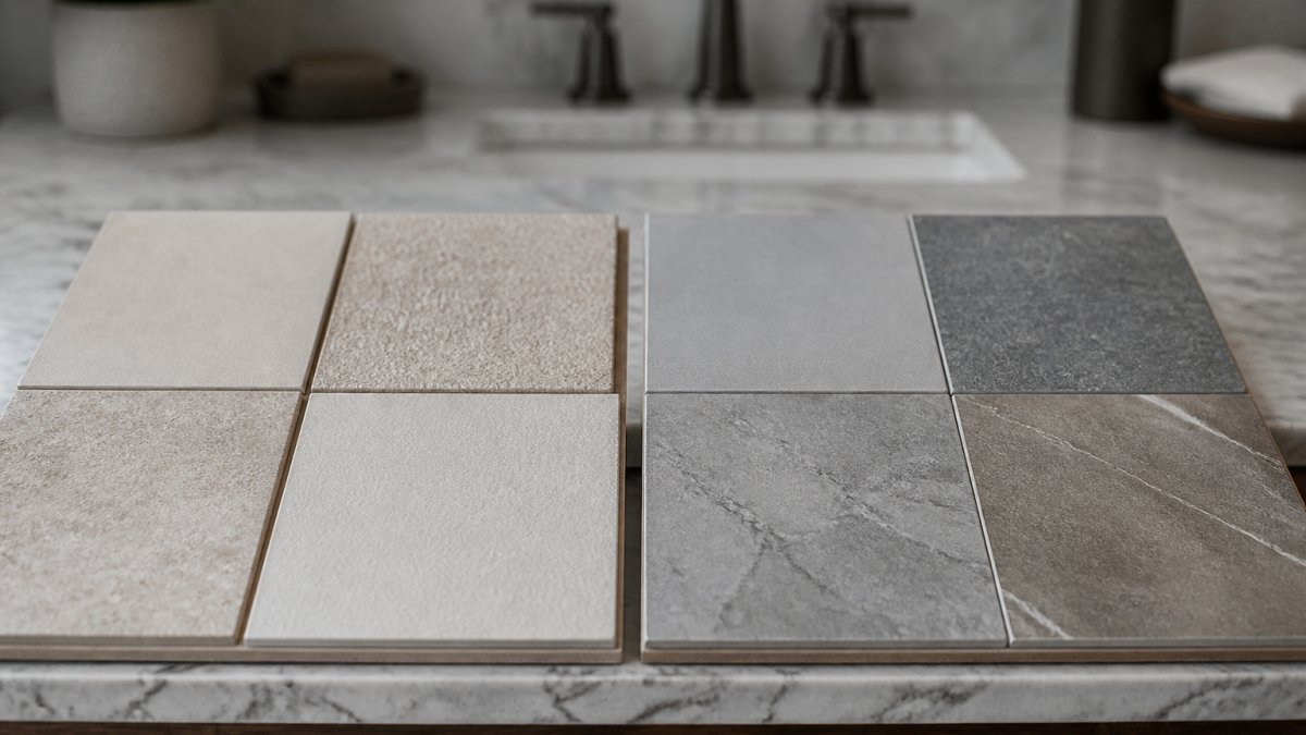 Close-up of ceramic and porcelain tile samples displaying different surface textures and finishes side by side on a bathroom vanity counter