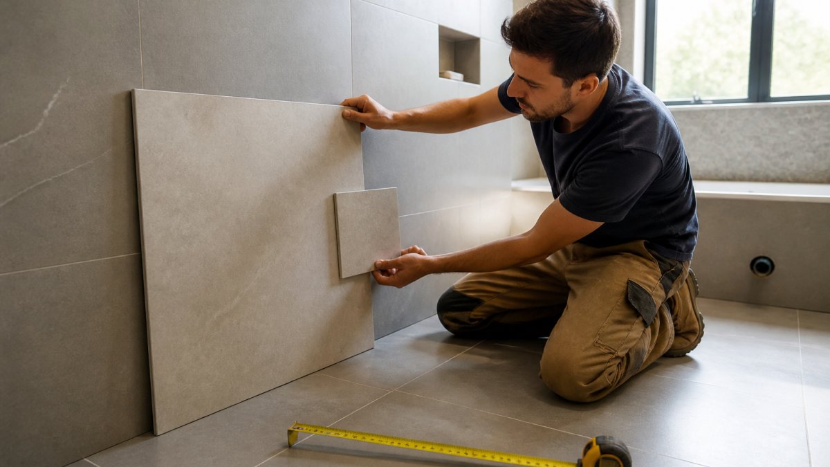 A person holding a large-format tile sample against a bathroom wall, comparing it with a smaller tile while a measuring tape lies on the floor beside them, soft daylight from a window
