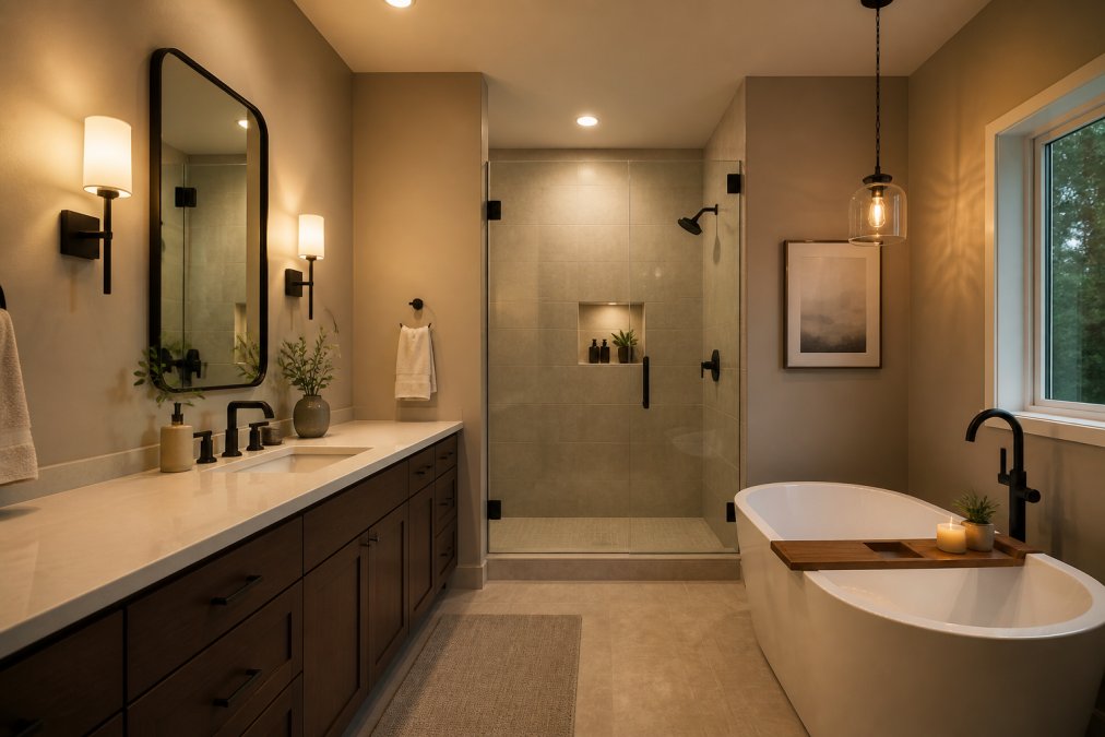 A renovated bathroom interior showing warm layered lighting: recessed ceiling lights, wall sconces flanking a mirror, and a small pendant over a freestanding tub, with soft shadows and a calm spa-like atmosphere
