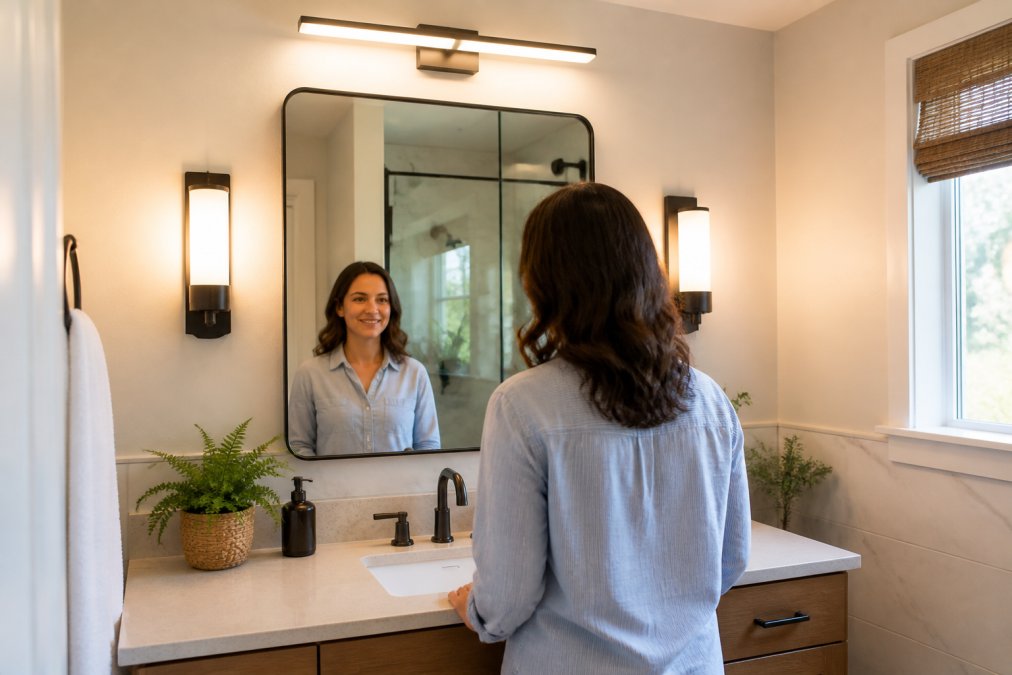 A person standing at a bathroom vanity looking into the mirror, with wall sconces mounted on either side at eye level and a light bar above, showing correct height and spacing in a bright modern bathroom