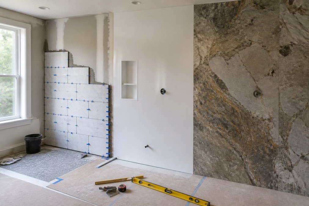 Comparison of bathroom wall materials showing tile, acrylic panels, and natural stone slab installation.