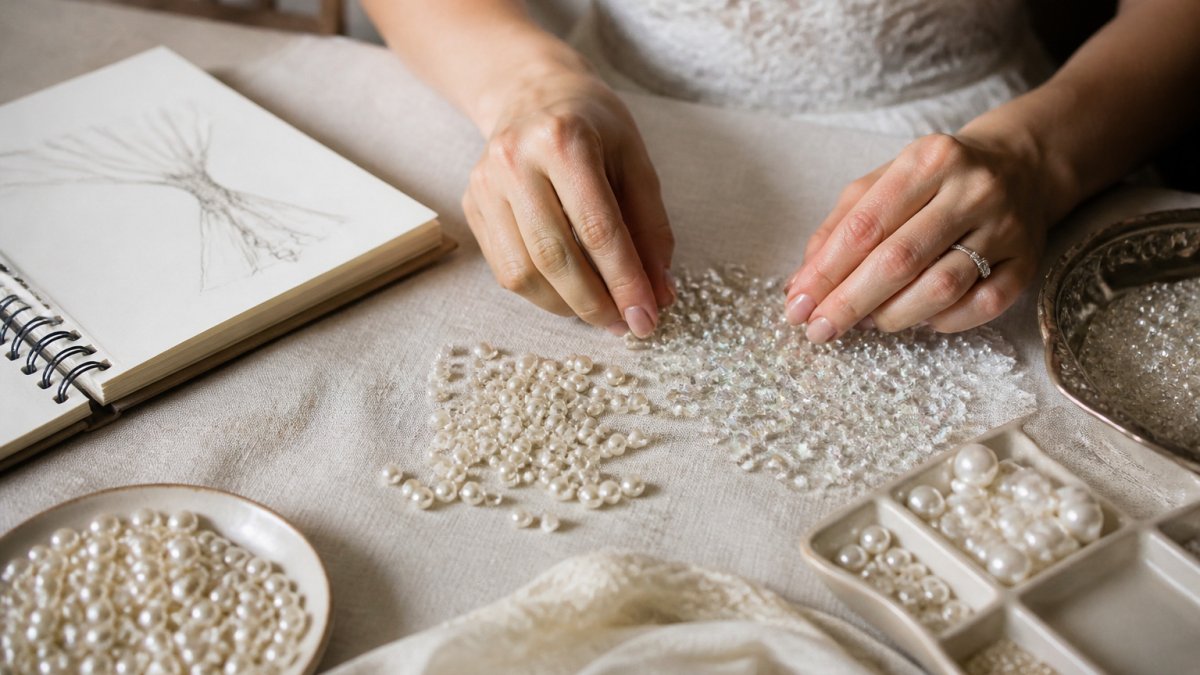 Bride sorting pearl and crystal beads on linen cloth while choosing beads for her custom jewelry design.