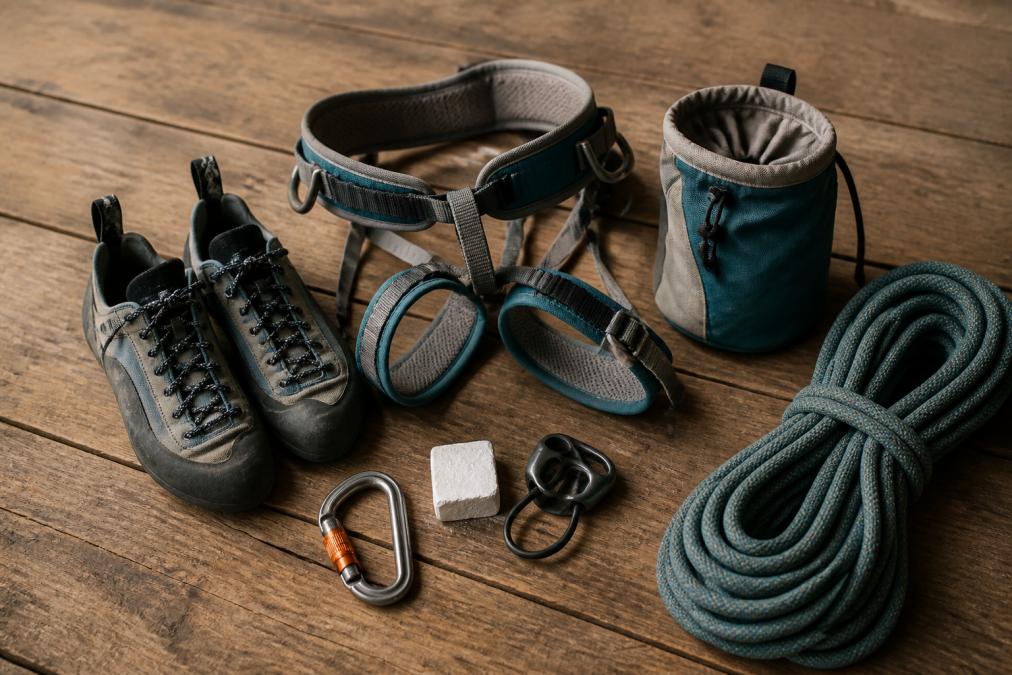 Flat lay of beginner climbing gear spread on a weathered wooden floor in warm natural light: a pair of climbing shoes, a padded harness, a chalk bag with drawstring, a locking carabiner, a tube-style belay device, and a coiled dynamic rope arranged neatly around a small chalk block