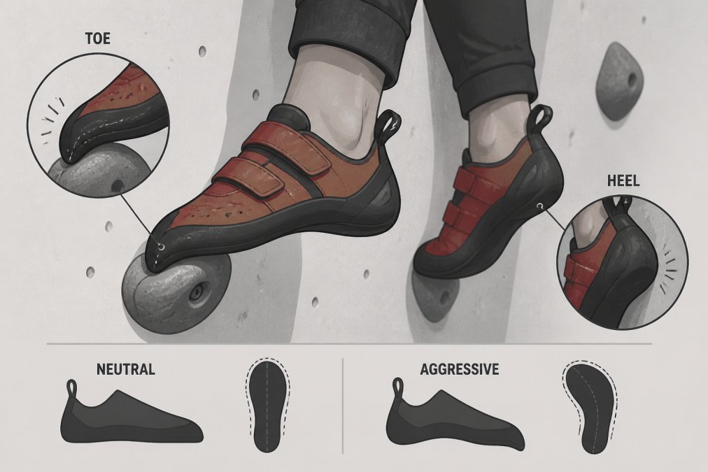 Close-up of a climber's feet in red climbing shoes pressing against a textured indoor climbing wall hold, showing the toe box curling slightly into the hold and heel rubber gripping the wall surface under gym lighting